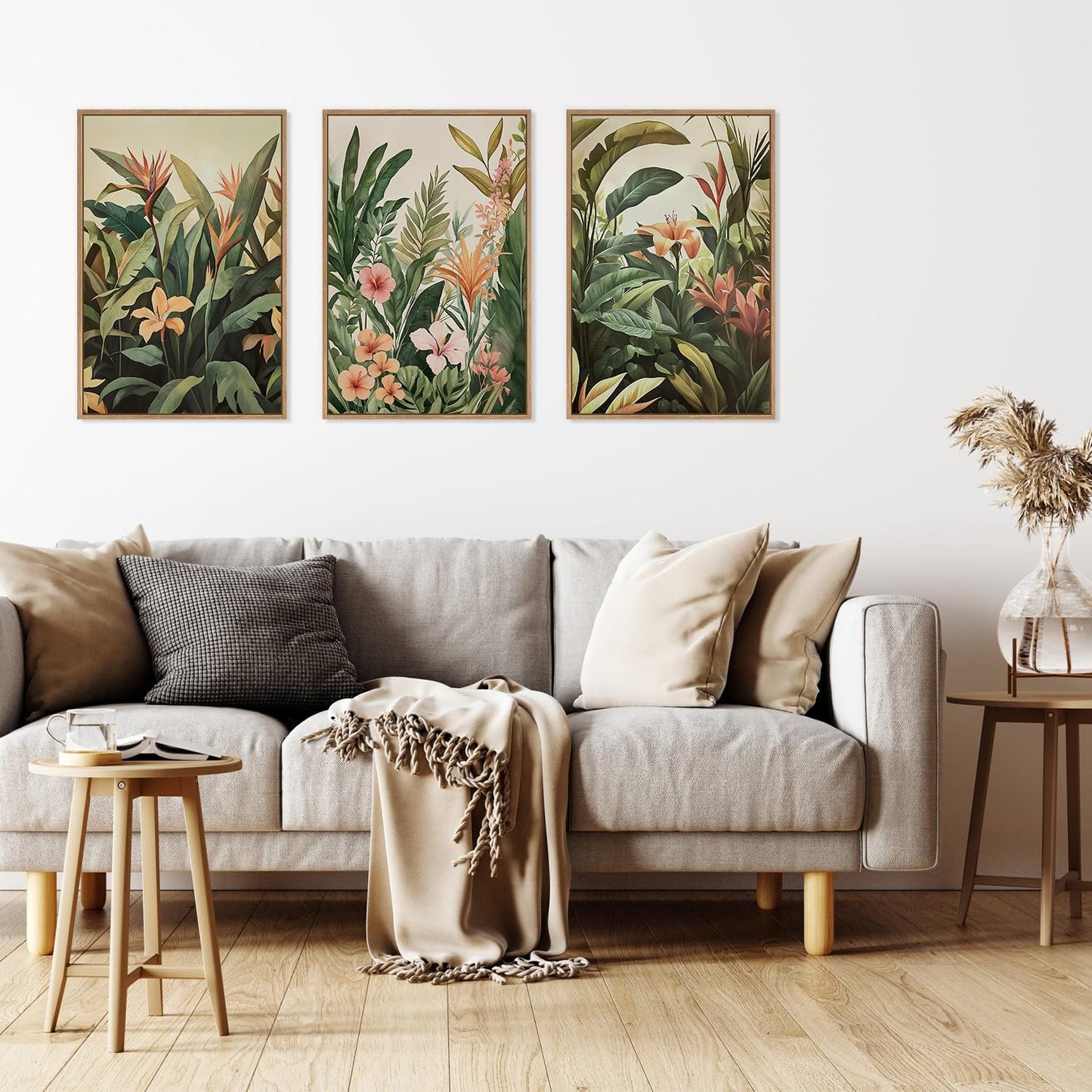 HLNIUC Boho Tropical Leaves Wall Art,Modern Abstract Floral Canvas Wall Decor Set of 3(16”x24”) Green Plant Banana Leaf Painting,Tropical Botanical Jungle Art Print for Living Room,Bedroom,Office