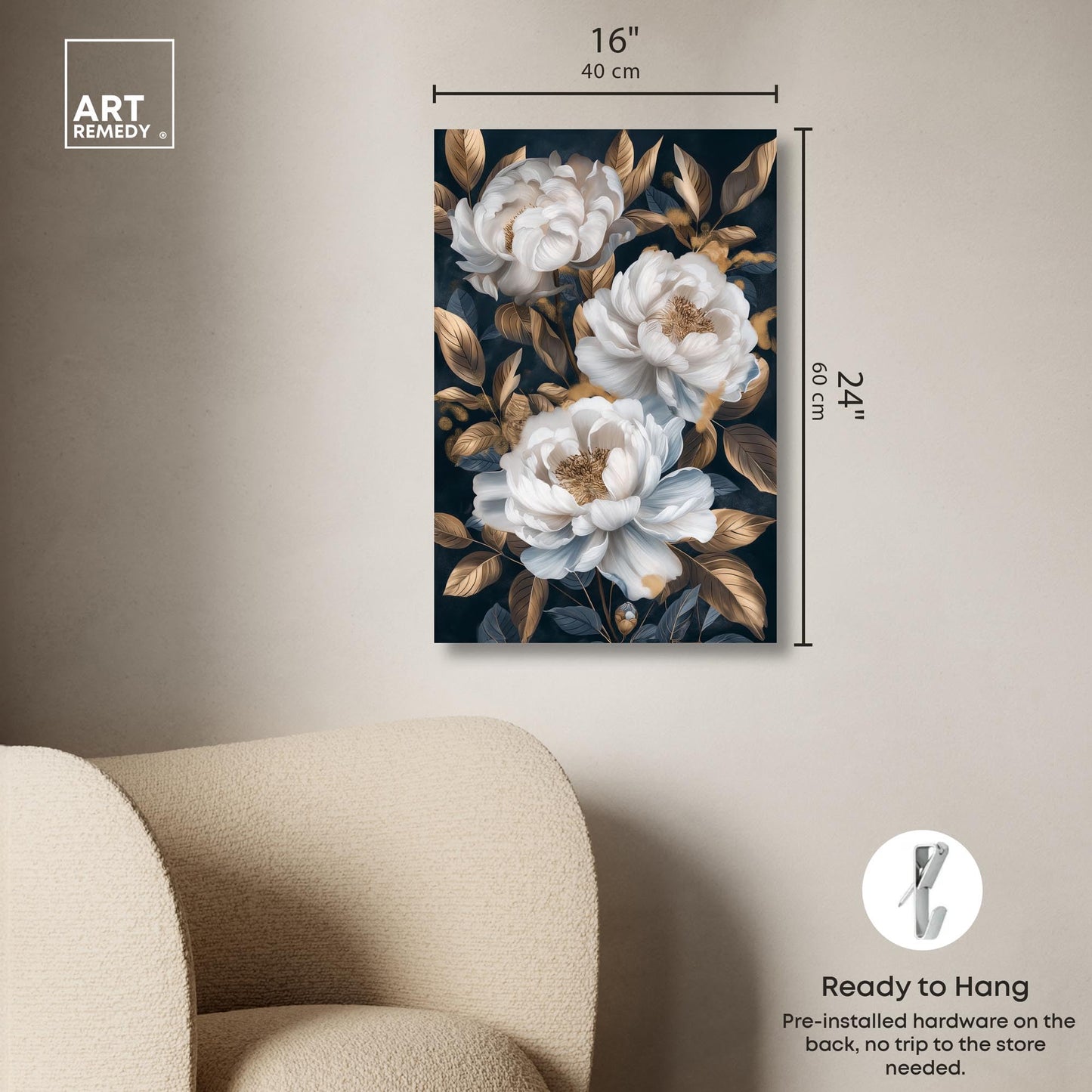 Art Remedy Golden Emblems in White I Canvas Luxury Floral Art, Gallery Wrapped, 16" x 24"