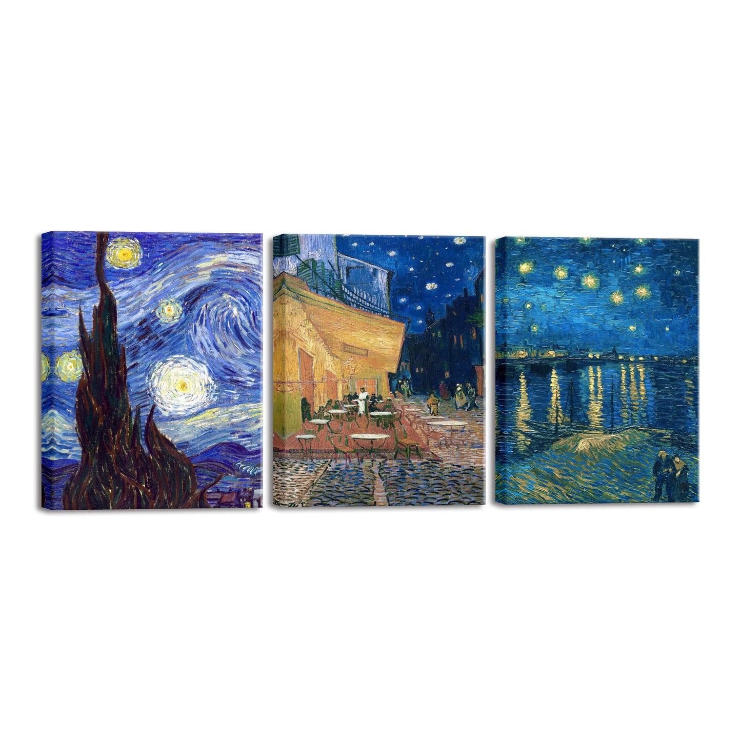Wieco Art 3 Panels Canvas Prints of Vincent Van Gogh Paintings Reproduction Starry Night Over the Rhone Cafe Terrace at Night Canvas Wall Art for Living Room Home Office Decor