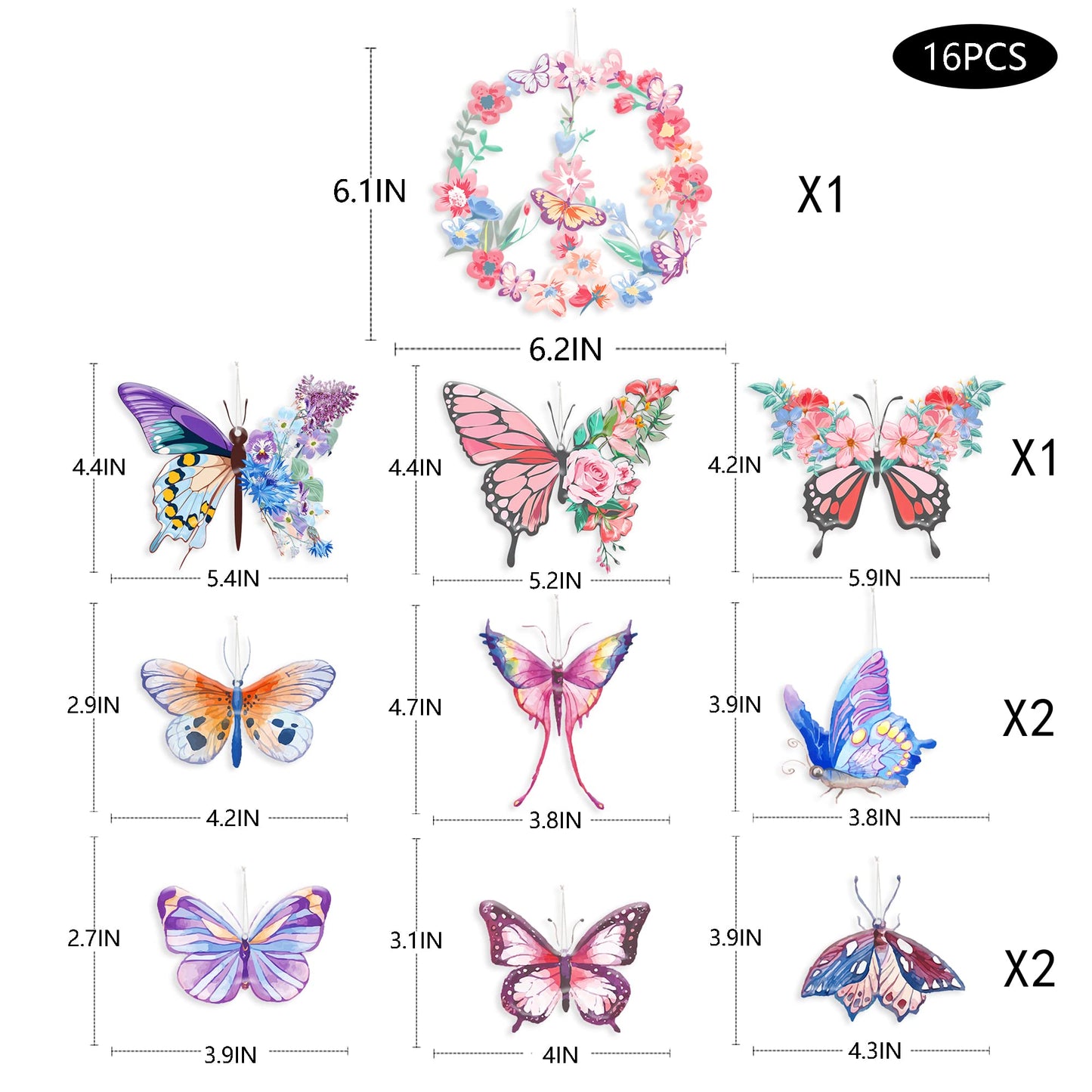 16Pcs Butterfly Ornaments Floral Flower and Butterflies Wreath Acrylic Hanging Tree Ornament Pendant Garland Banner for Spring Summer Wedding Bridal Shower Baby Shower Tea Party Nursery Decorations