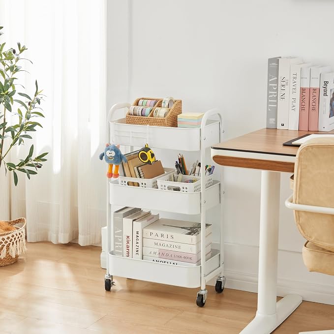 MAX Houser 3-Tier Rolling Utility Cart with Caster Wheels,Easy Assembly, for Kitchen, Bathroom (White)