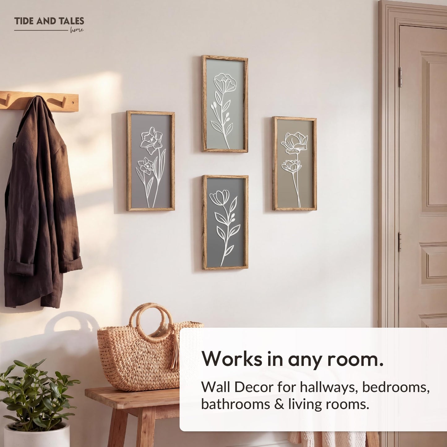 3D Wooden Floral Bathroom Wall Decor (Set of 4) Lightweight, Ready-to-Hang Framed Wall Art For Living Room, Bedroom, or Office - Premium Boho Botanical Farmhouse Decorations - Gift-Boxed