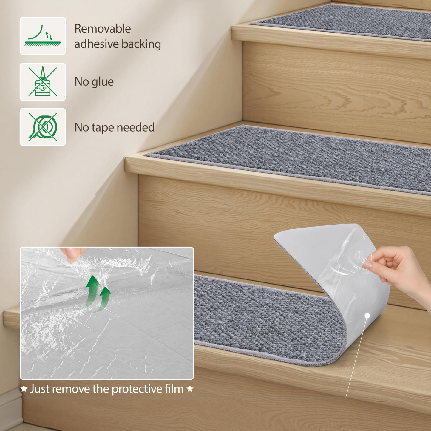 Carpet Stair Treads Non Slip - 4 Pack 8" x 30" Peel and Stick Stairs Tread for Wooden Steps Washable Stair Runners Rug Stain Resistant Edging Staircase Mat for Kids and Dogs(4pc, Grey)