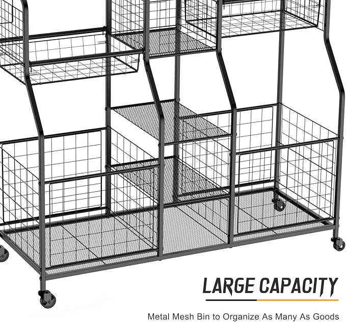Garage Sports Equipment Organizer - Ball Storage Rack with Elastic Rope or Wire Mesh,Garage Organizer System with Wheels,Indoor/Outdoor Sports Rack for Sports Gear and Toys Storage,Black