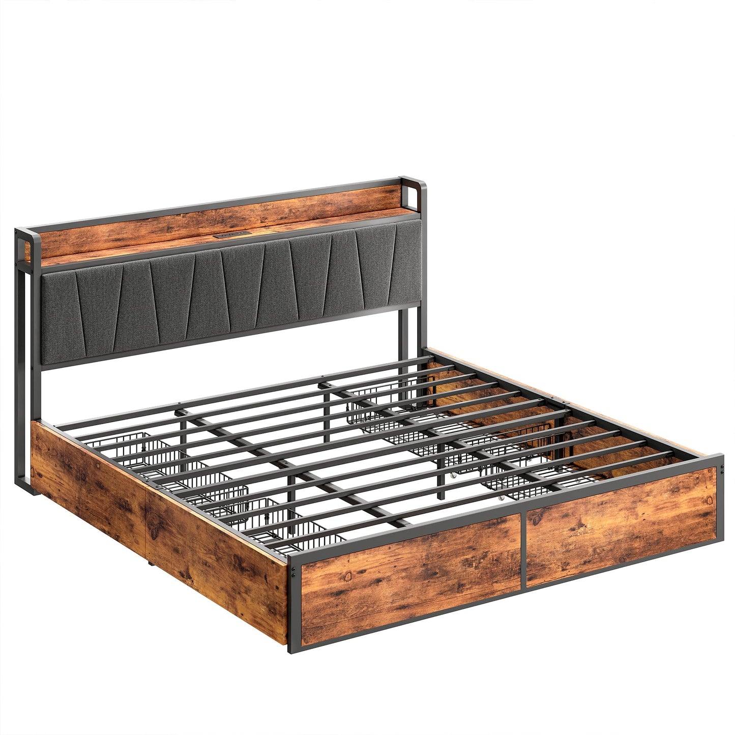 LIKIMIO King Bed Frame with 4 Storage Drawers, Platform Bed with Charged Headboard, Sturdy and Stable, No Noise, No Box Spring Needed, Easy to Install, Vintage Brown and Gray