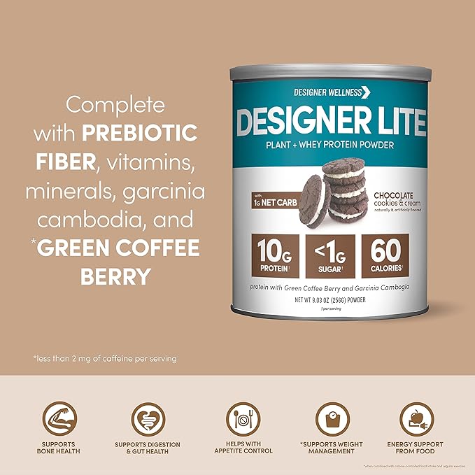 Designer Wellness, Designer Lite, Low Calorie Natural Protein, Prebiotic Fiber, Key Vitamins & Minerals, Chocolate Cookies & Cream, 9.03 Ounces