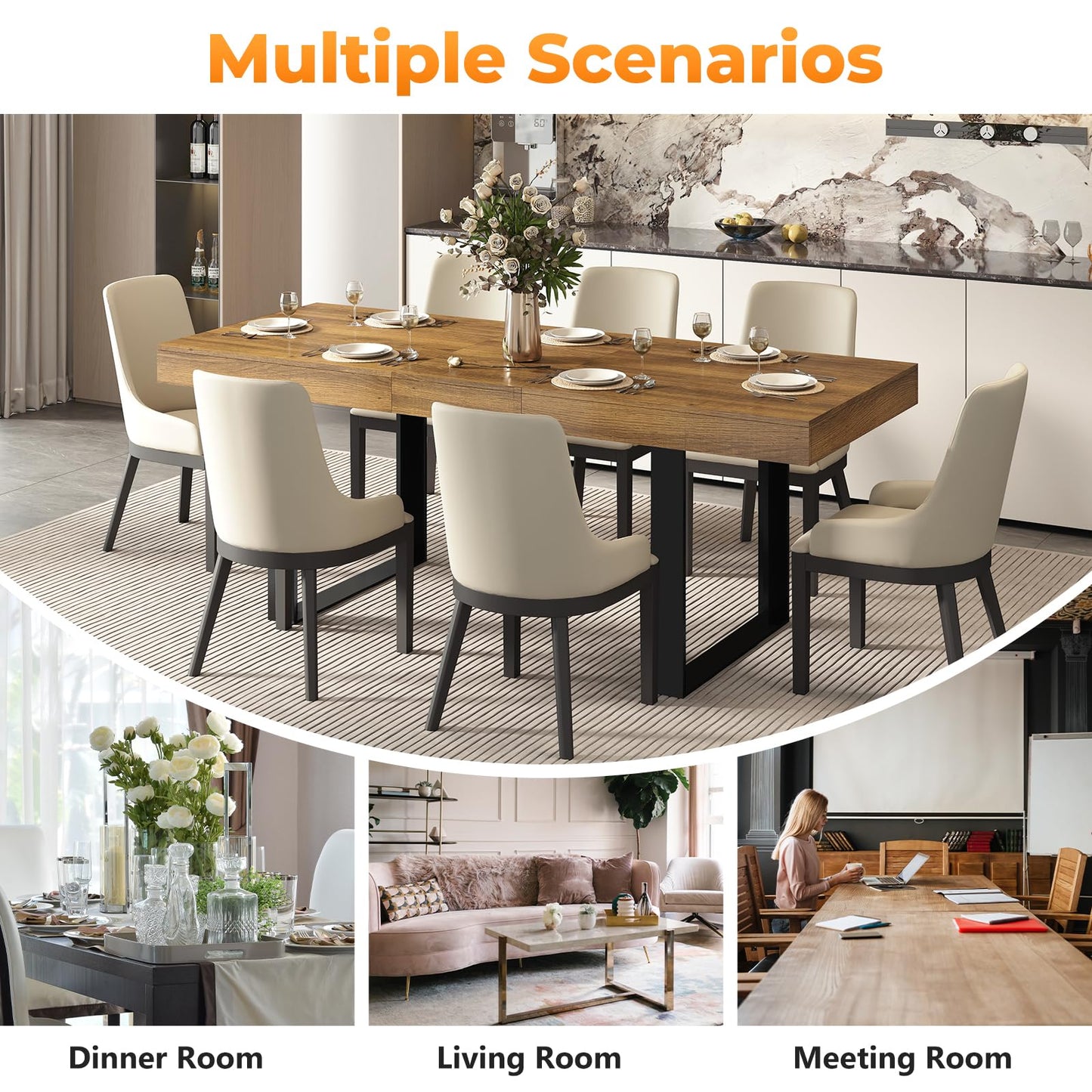 Zevemomo 63"-78.7" Expandable Dining Table, 6-10 Farmhouse Kitchen Table, Extendable Dining Table, Rectangular Kitchen Table with Metal Track, Tapered U-Shaped Legs for Dining Room, Office-Brown