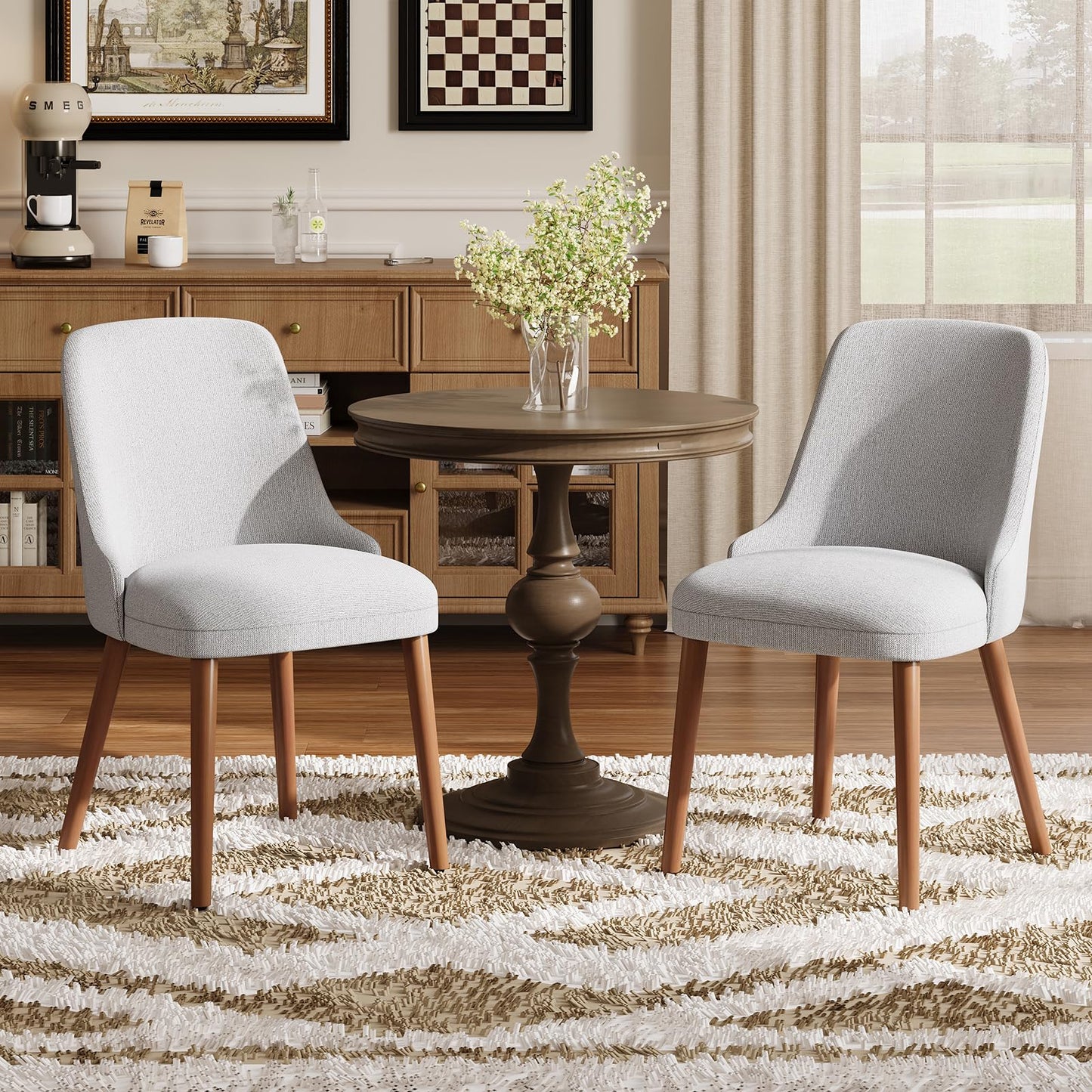 MALOL Dining Chairs Set of 6, Upholstered Dining Room Chair with Wood Legs, High-Back Padded Kitchen Chairs for Dining Room/Restaurant/Cafe, Light Grey