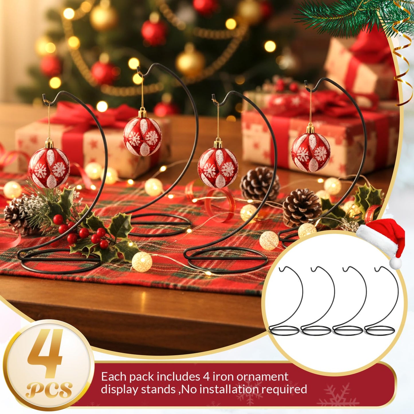 MorningRo 4 Pack Black Ornaments Display Stands 9 Inch Glass Crystal Witch Ball Holder Christmas Ornament Hanging Hook Patio Planter Terrariums Iron Hanger Wedding Ornament, Home Office Decor