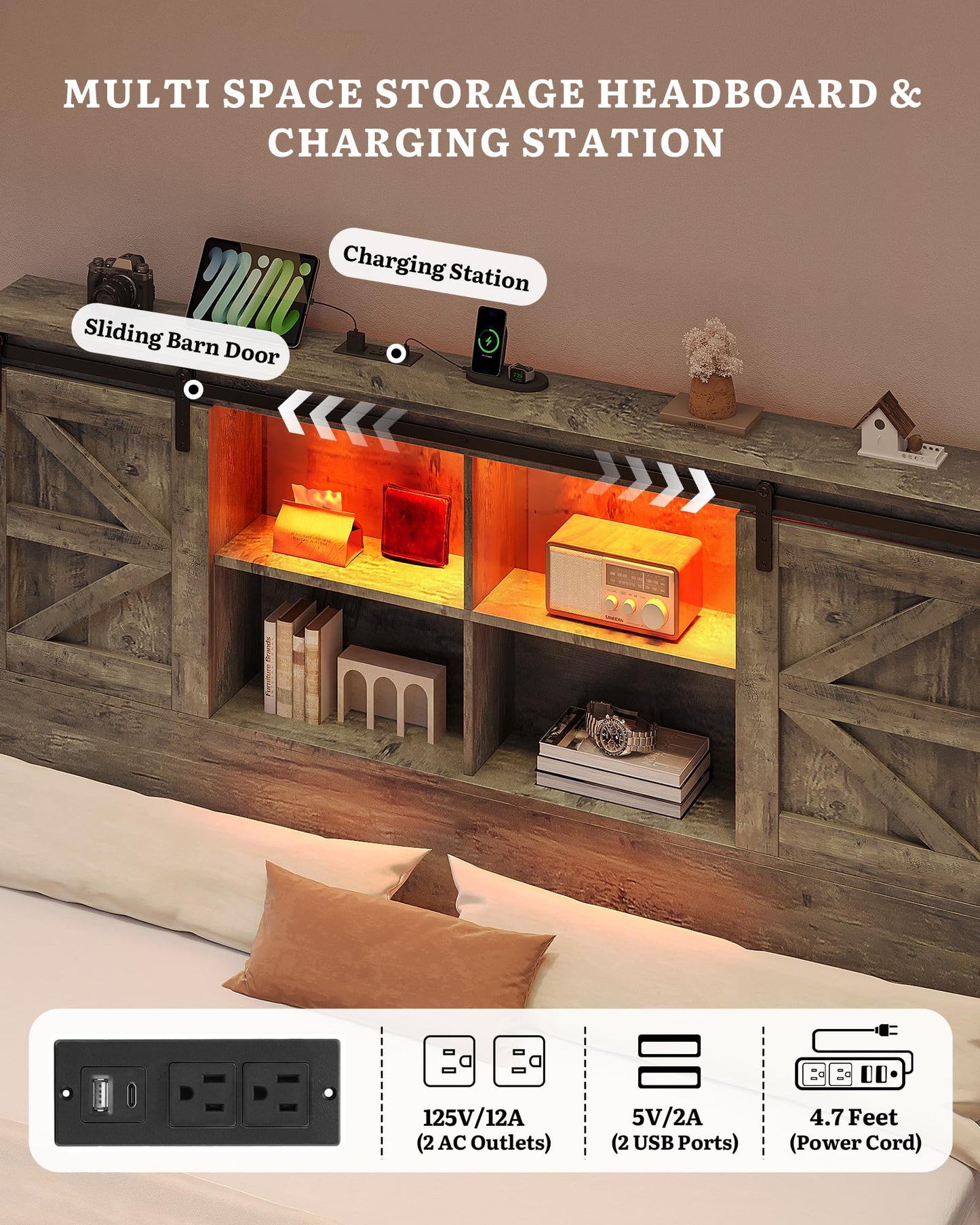 DWVO Farmhouse King Size Bed Frame with Storage Bookcase Headboard, Sliding Barn Door, 4 Storage Drawers, RGB LED Bed Frame with USB Charging Station, No Box Spring Needed, Cement Grey