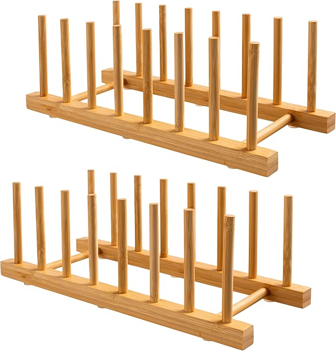 HBlife 2-Pack Bamboo Wooden Dish Rack Holder Space-Saving Vertical Organizer for Plates, Cups, Pots, Lids, Bowls & Cutting Boards Kitchen Cabinet & Counter Storage