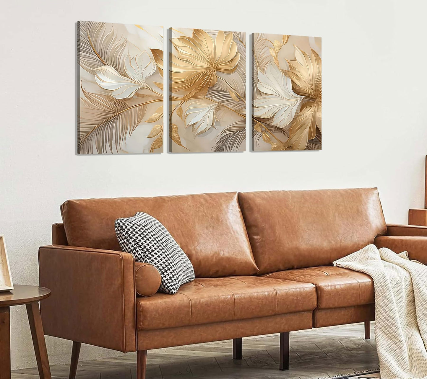 Modern Abstract Gold Botanical Canvas Wall Art Fashion Plants Wall Decor Pictures Leaf Light Luxury Poster Prints Flowers Painting Artwork for Living room Office Decoration 12x16in Frame