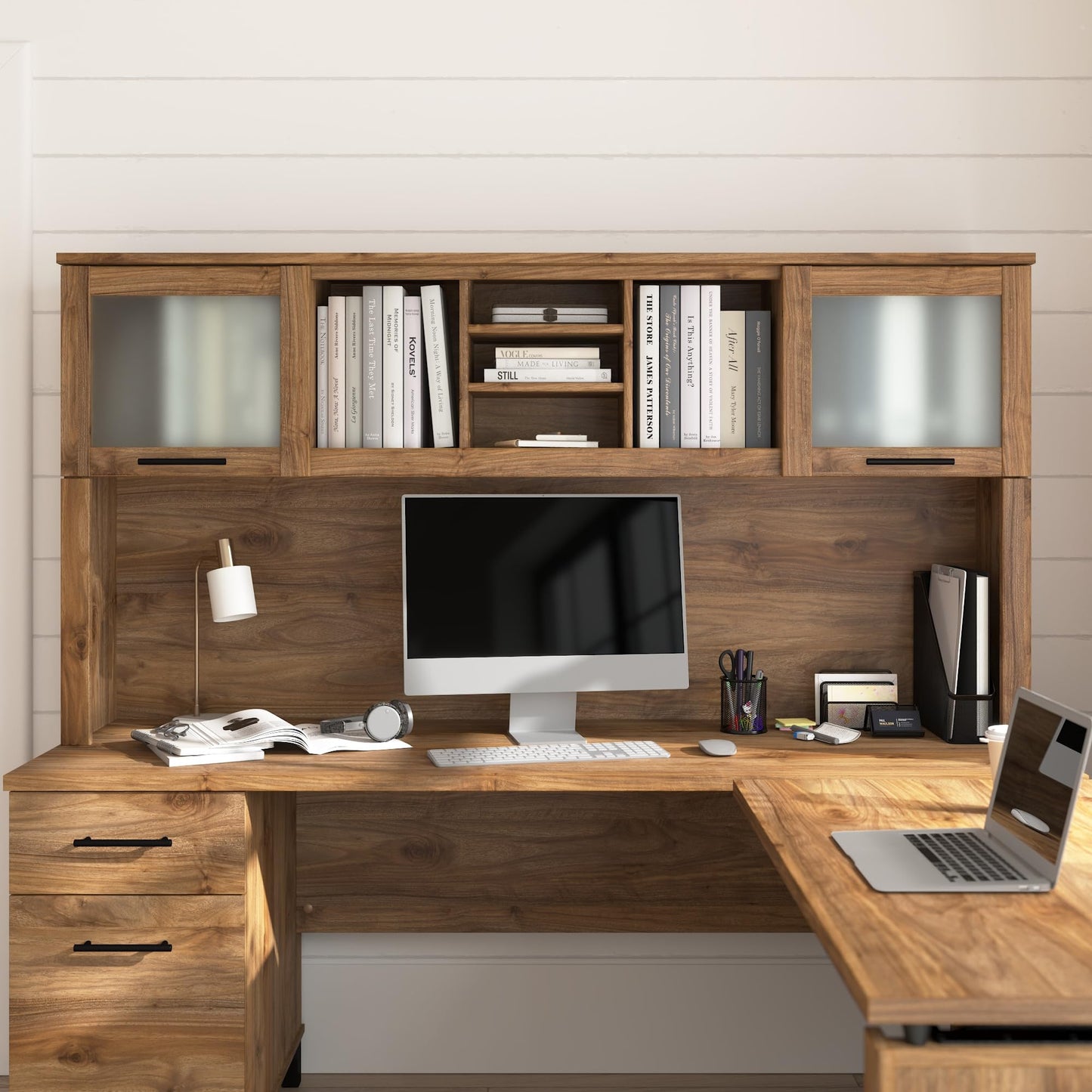 Bush Home 72-Inch Desk Hutch, Office Storage Organizer with Shelves, Cubbies and Frosted Glass Doors for Computer Desk, Home Office Furniture, Somerset Collection, Fresh Walnut