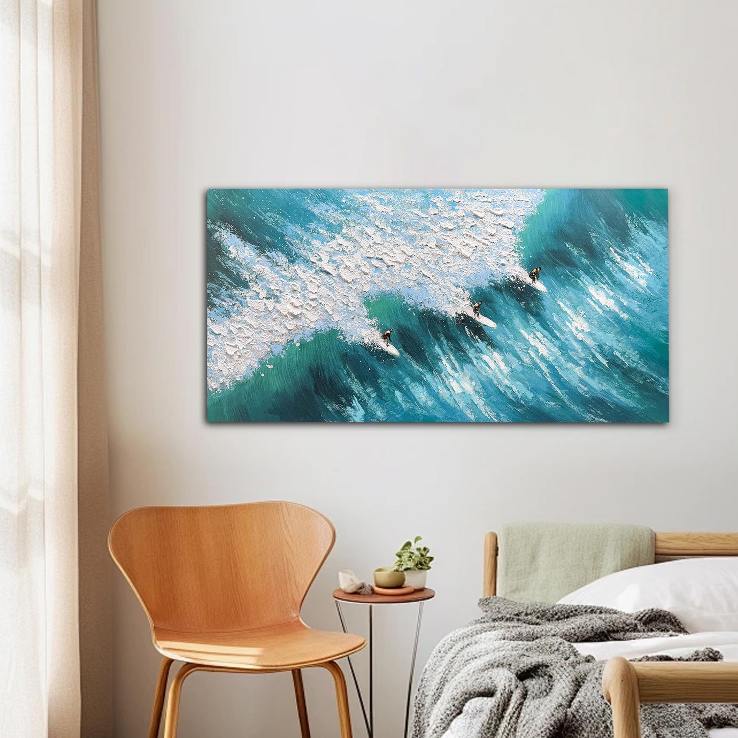 Large Beach Wall Art for Living Room 20"x40" Blue and White Hand Painted Surfing Ocean Wave Coastal Canvas Painting Seascape Artwork with Surfers Textured Art for Bedroom Office Ready to Hang