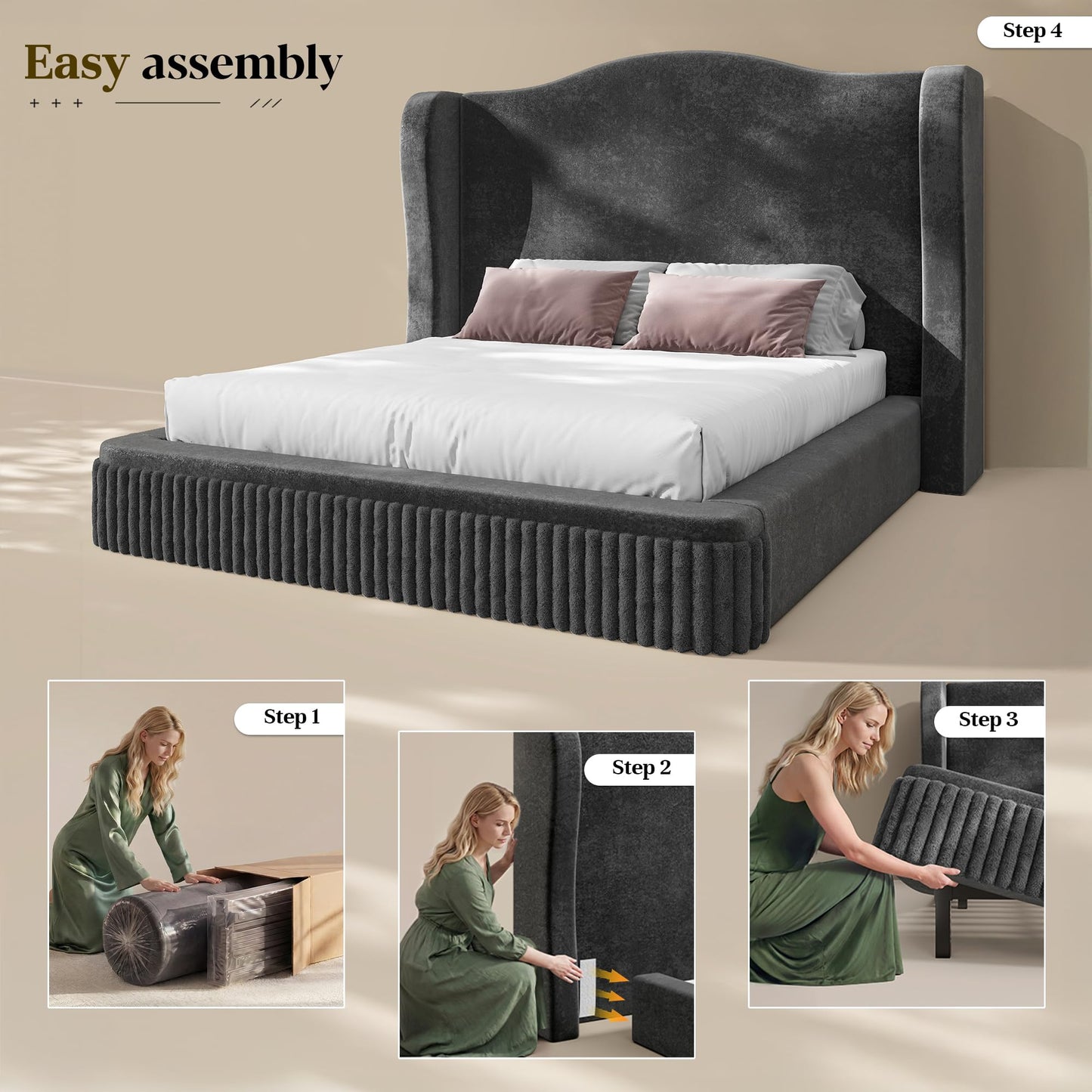 Homkdom Cloud Bed Frame Queen Size, Upholstered Platform Bed with Extra High Wingback Headboard, Shimmering Fabric & Thick Corduroy Design for Stability, No Box Spring Needed, Easy Assembly, Black
