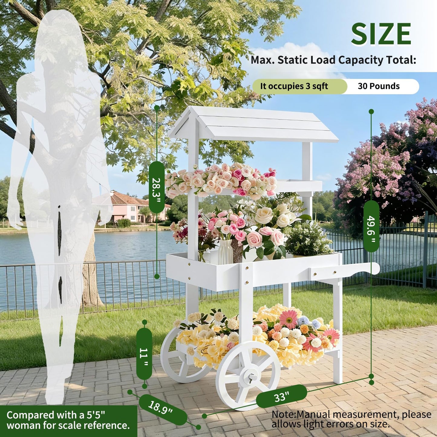 Sicrifety Flower Cart Display Stand with Wheels, 3-Tier Wooden Candy Cart for Party, White Dessert Cart with Canopy Roof for Weddings, Bridal Shower, Baby Shower, Market & Event Decor