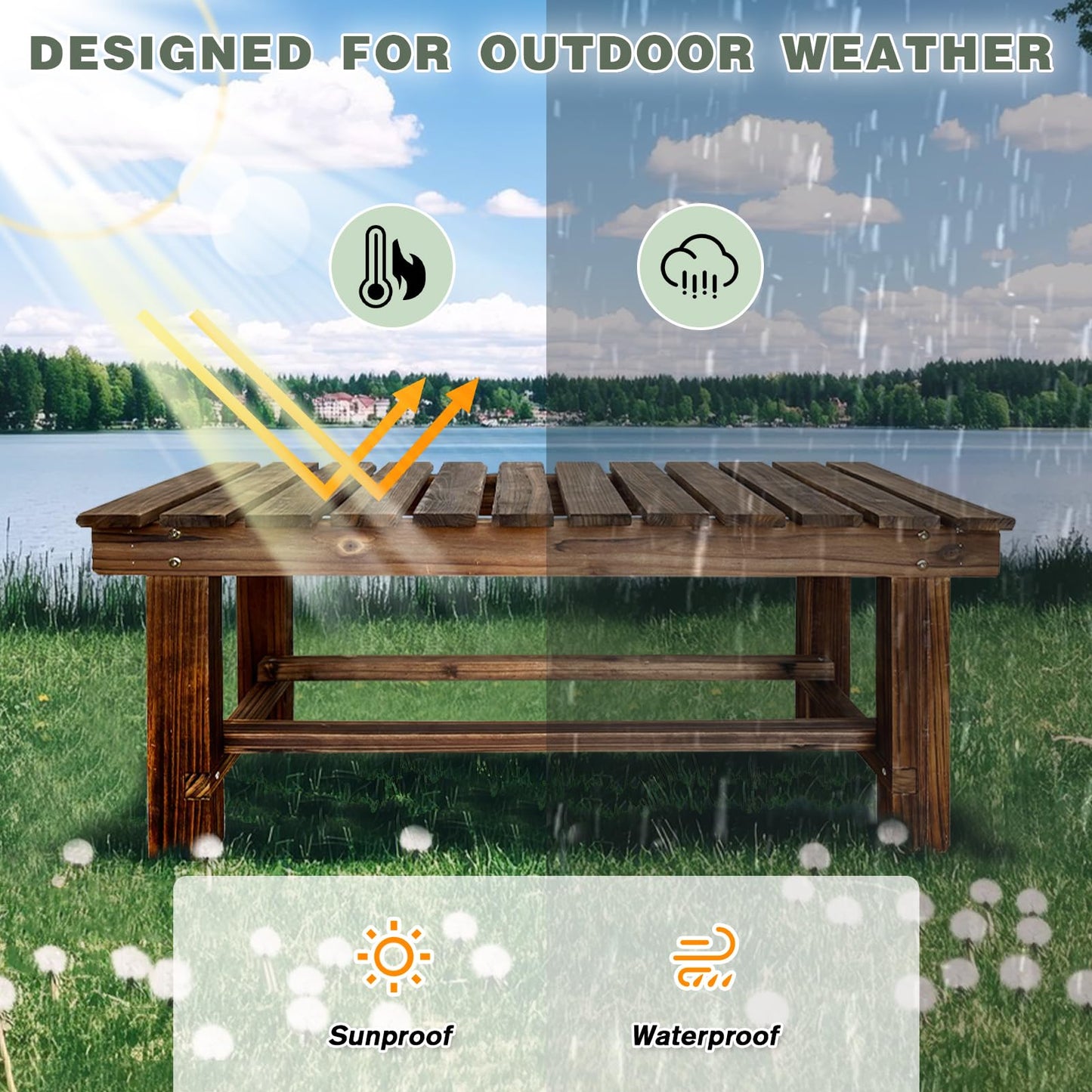 LSPYYDS Outdoor Garden Bench, 2-Person Wood Patio Bench Weatherproof Backless Bench, Anti-Corrosion and Anti-Rust for Garden Lawn Porch Park Backyard (Carbonized, 35.5''/90cm)