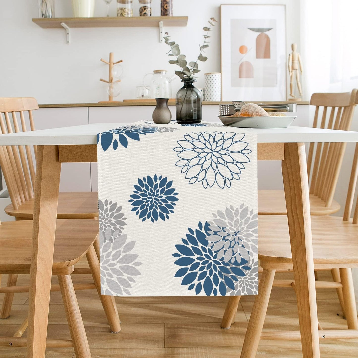 WHOMEAF Blue Gray Table Runner Dahlia Pinnata Flower Beige Table Runners Modern Elegant Pompon Farmhouse Geometric Table Center Decor for Home Dining Party Entrance (13 x 36 Inch)