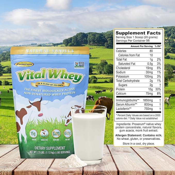 Grass-Fed Whey Protein Powder for Immune Vitality, Natural Vanilla 2.5lbs (56 Servings), 15g Protein Per Serve, Vital Whey, Clean Holistic, Wellness Nutrition