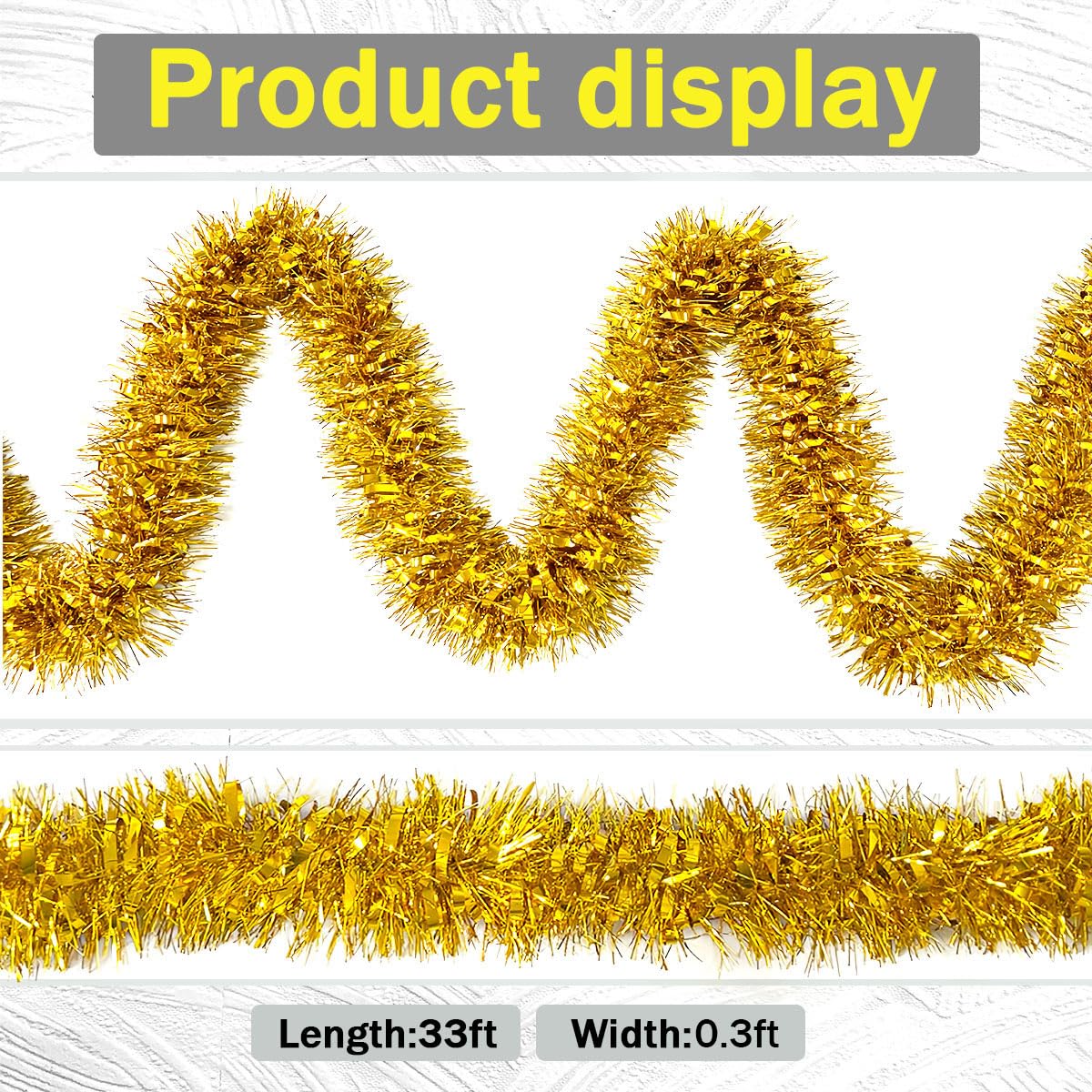 Yocknoce Gold Tinsel Garland, 33 Ft Twist Metallic Hanging Decor for Christmas Tree, New Year Eve Party, Wedding, Anniversary Backdrop, Festive Indoor Outdoor Decorations