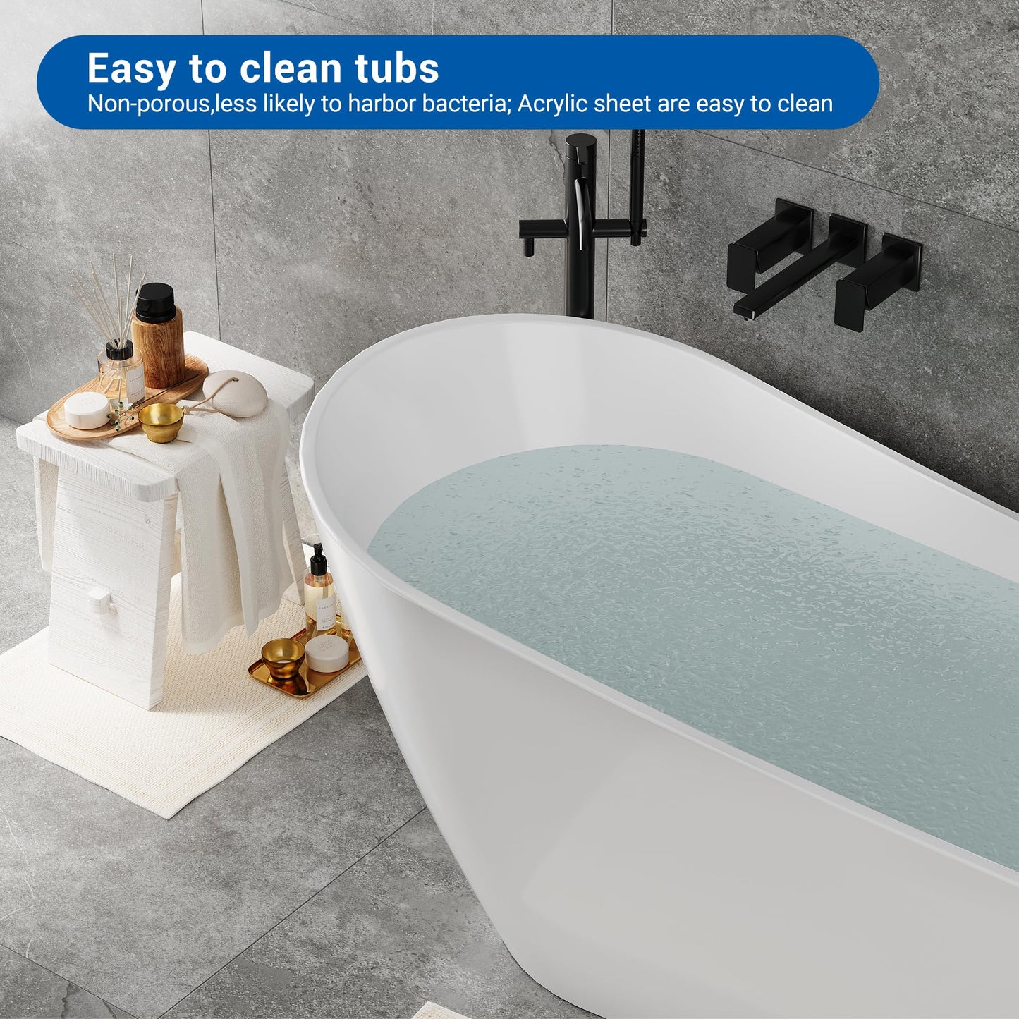 67" Acrylic Freestanding Bathtub, Modern Freestanding Tub with Chrome Drain & Overflow, Glossy White, Home Spa