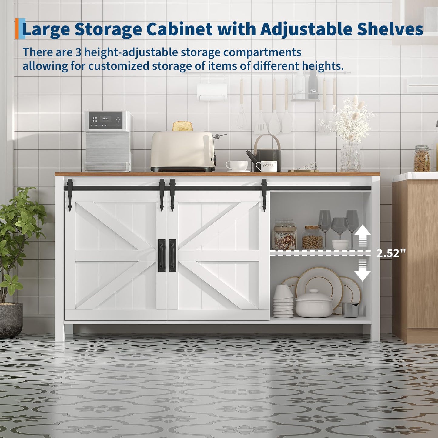 60" Farmhouse Sideboard Buffet Cabinet with Sliding Barn Doors & 4 Drawers, White Kitchen Cabinet with Storage for Dining Room, Coffee Bar, 31.5" Tall Wooden Sideboard TV Stand Console Table