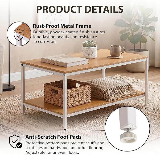 SUPER DEAL 2-Tier Coffee Table with Storage Shelf for Small Apartment Living Room, Rectangle Wood and Stable Metal TV Stand Side End Table, Natural Wood