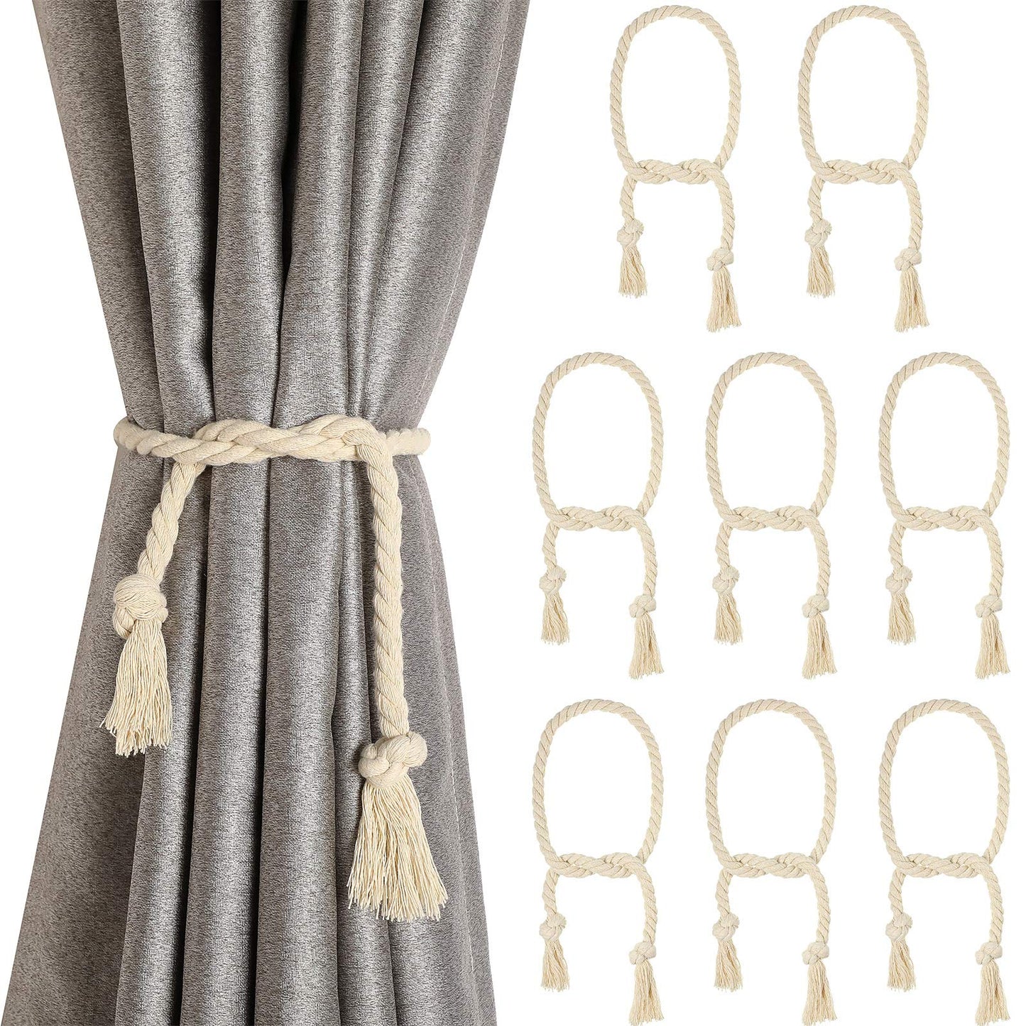 8 Pieces Curtain Rope Tiebacks Curtain Rope Holdback Handmade Curtain Tie Backs Rural Style Curtain Decorative Holdbacks for Drapery Tieback, Window Sheer, Curtain (Beige)