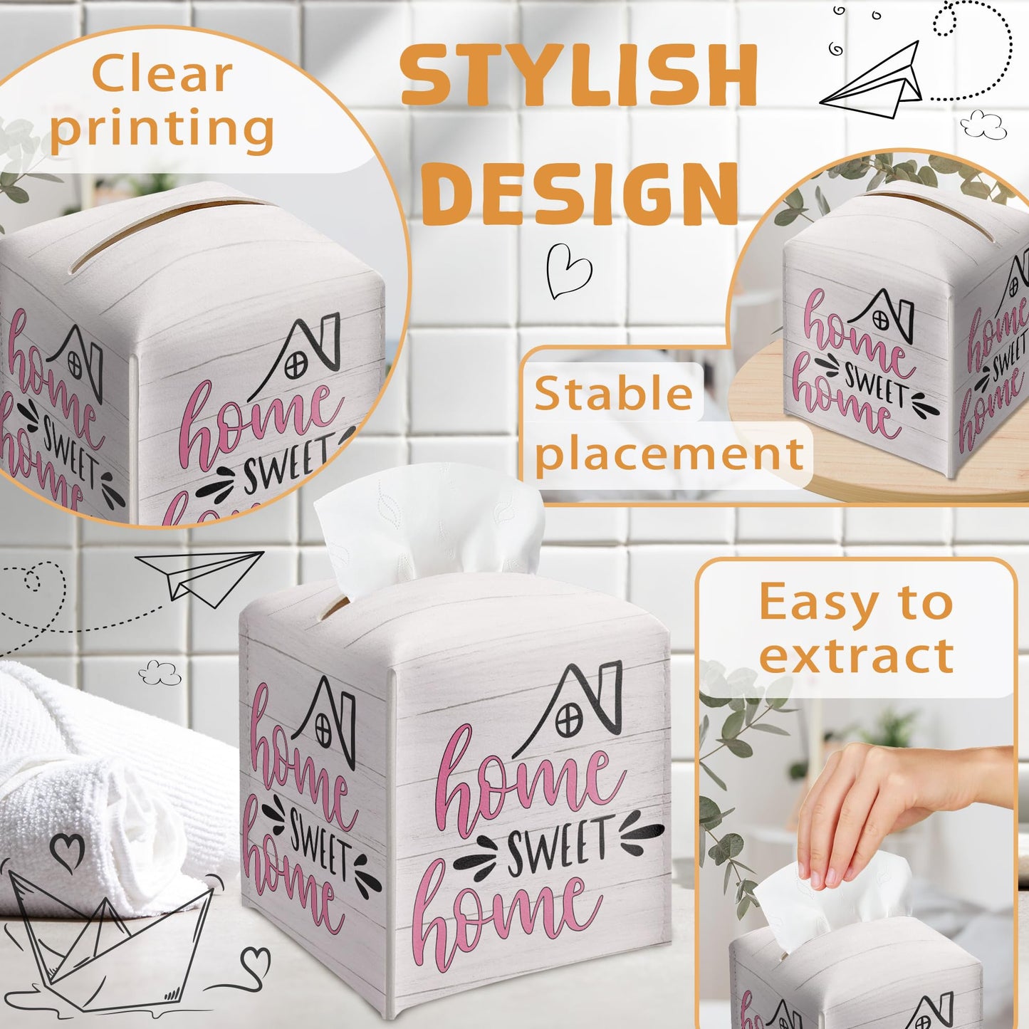 Home Sweet Home Tissue Box Cover, PU Leather Tissue Box Holder Square with Bottom Belt, Facial Paper Organizer Dispenser Toilet Paper Holder for Bathroom Kitchen Office Decor-A22