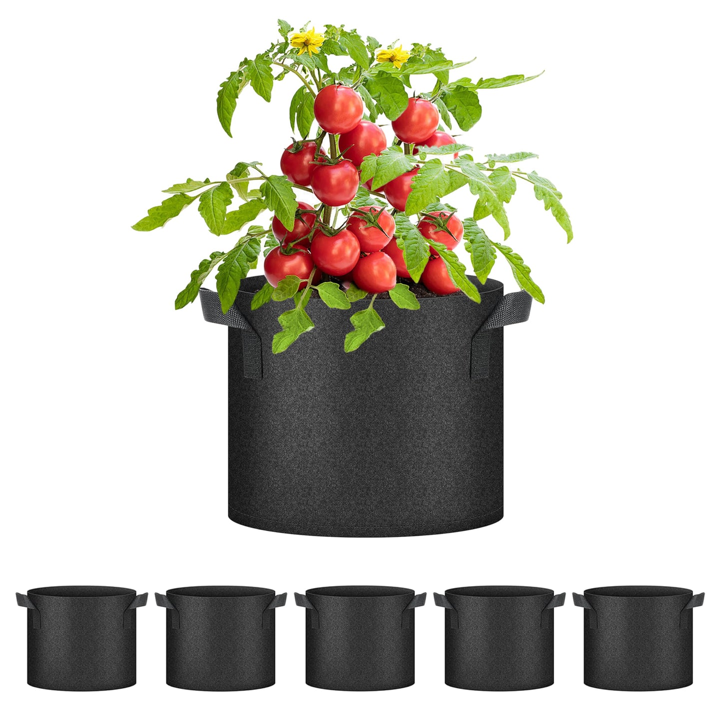 HealSmart Plant Grow Bags 7 Gallon, Tomoato Planter Pots 5-Pack with Handles, Aeration Nonwoven Fabric, Heavy Duty Gardening Planter for Vegetable, Herbs and Flowers, Black New
