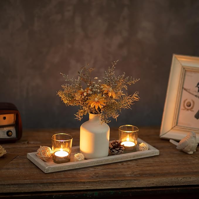 Romadedi Wooden Decorative Tray Candle Holder - 13.5 inch Wood Long Narrow Tray Home Decor Small Rustic Farmhouse Centerpieces Trays for Coffee Table Dining Room Living Room, Whitewashed