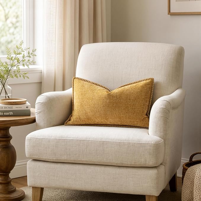 MIULEE Pack of 2 Lumbar Throw Pillow Covers 12x20 Inch Gold Mustard Yellow Farmhouse Decorative Pillow Covers with Stitched Edge Soft Chenille Solid Dyed Pillow Covers for Couch Sofa Bed Living Room