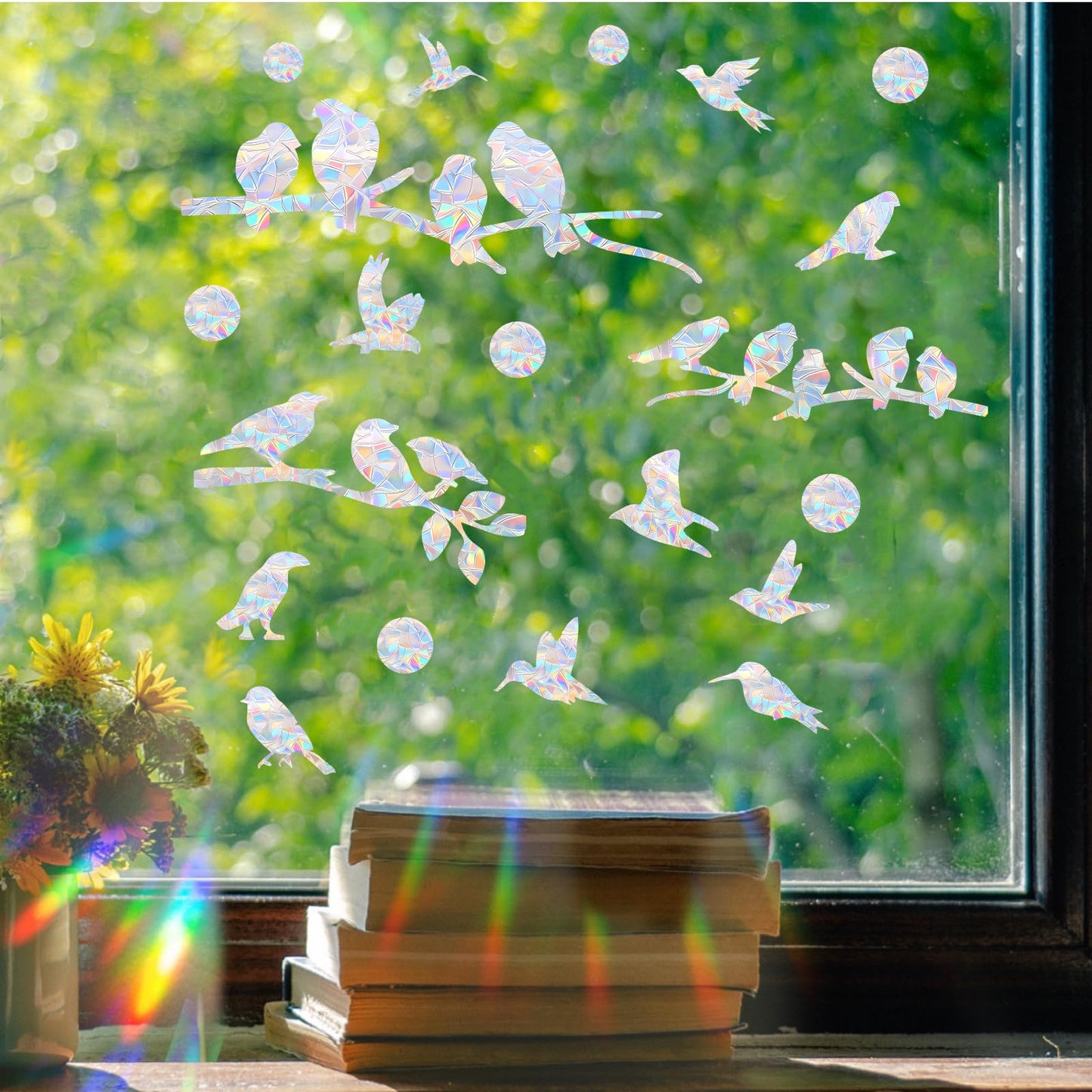 72Pcs Birds Window Stickers Prevent Birds from Hitting Windows, Rainbow Sun Catcher Stickers No Glue Required, Non-Adhesive Reusable Vinyl Rainbow Stickers