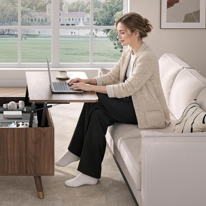 JOINICE 32" Square Lift Top Coffee Table with Storage,Mid Century Modern Walnut Center Table with Rising Desktop for Living Room, Brown Wood Finish