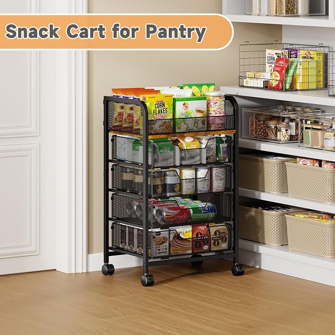5-Tier Rolling Kitchen Cart with Drawers - Kitchen Storage Cart on Wheels,Pantry Snack Cart,Fruit and Vegetable Storage Cart with Wood Top,Rolling Utility Cart for Potato and Onion Storage