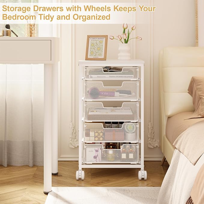 Sbanmao 5 Drawers Rolling Utility Cart, Storage Drawer Cart with Wooden Top, Rolling Storage Cart on Lockable Wheels, Metal Utility Cart & Craft Storage Cart for Bedroom, Classroom, Office, White