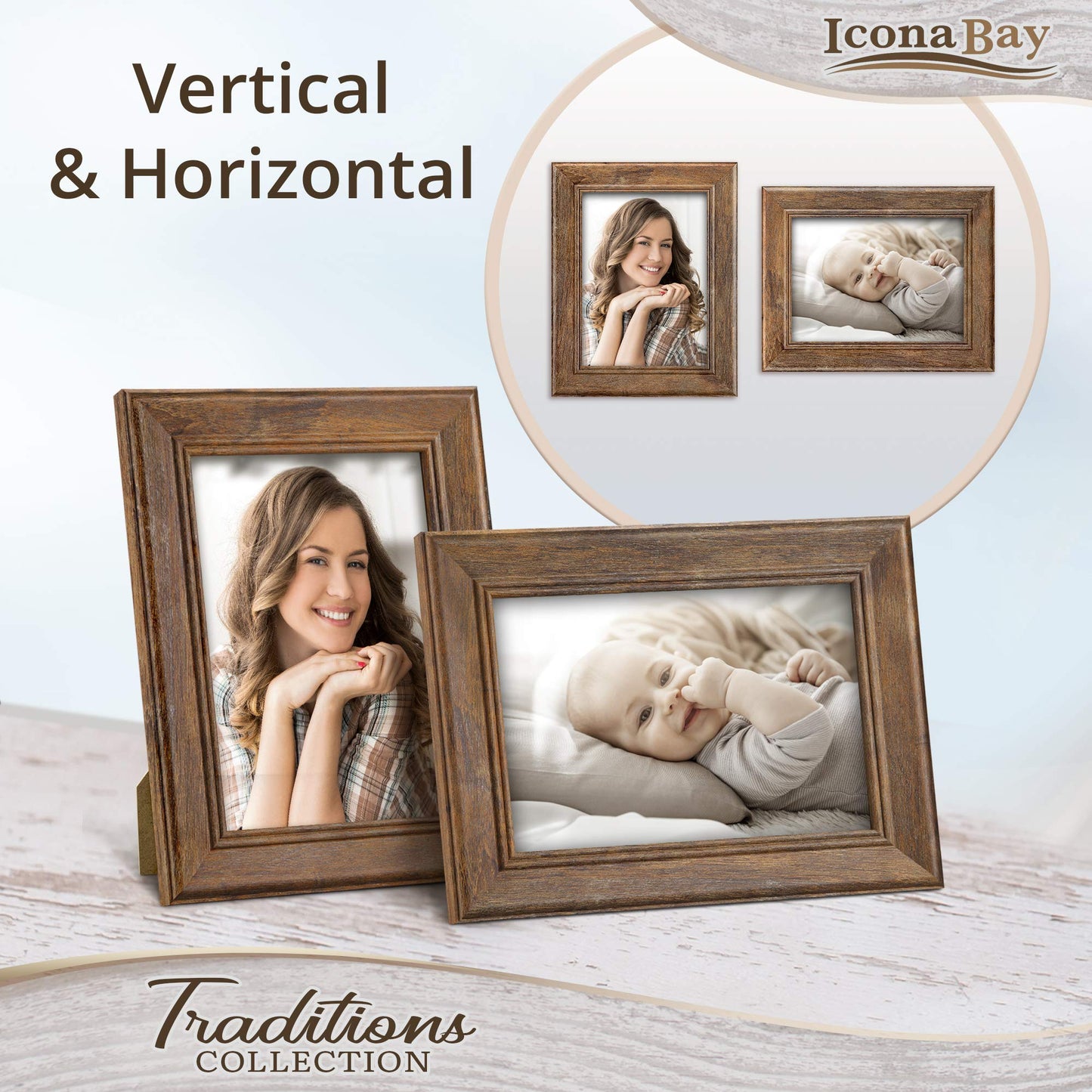 Icona Bay - 5x7 Chestnut Brown Picture Frame - Rustic Wood Pattern - Lightly Distressed Frame for Table Top Display or Wall Mount - Traditions Collection