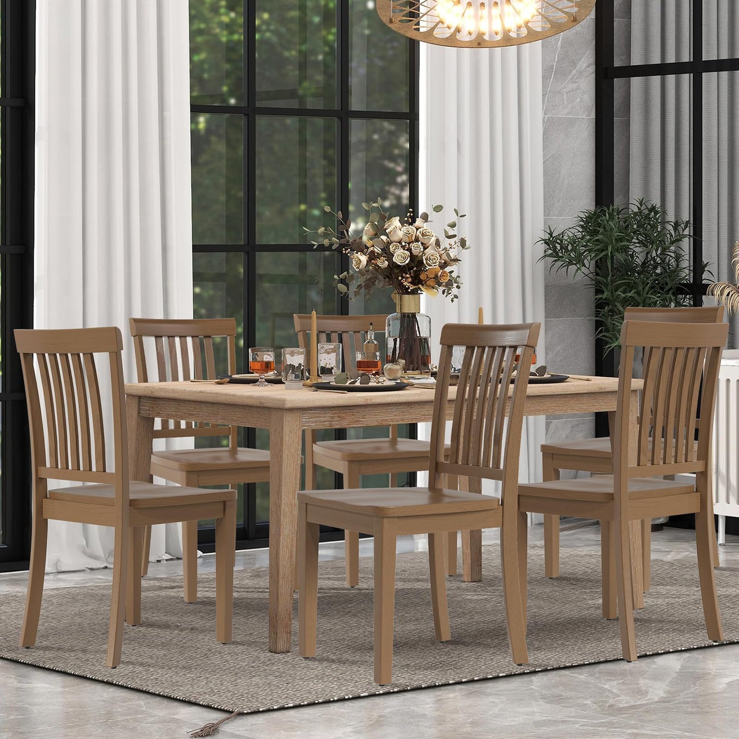 COLAMY Wooden Dining Chairs Set of 6, Solid Rubberwood Kitchen & Dining Room Chairs, Farmhouse Rustic Side Chairs for Dining Table, Anti-Slip Protection, Classic Windsor Style Seating, Oak Light Brown