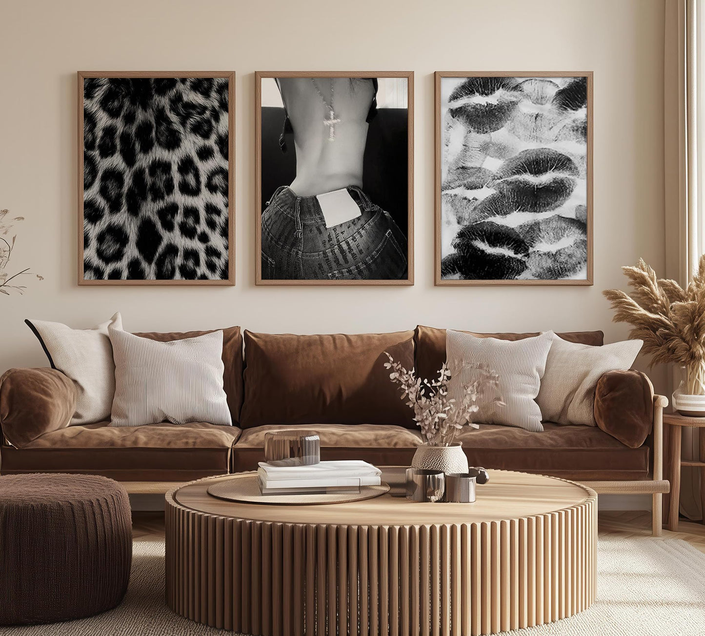 Set of 3 Fashion Chic Wall Art Kiss Lips Poster Leopard Picture Wall Decor Trendy Y2k Print Black and White Aesthetic Girly Room Decor for Bedroom Living Room Dorm Home Decoration Unframed 12"x16"