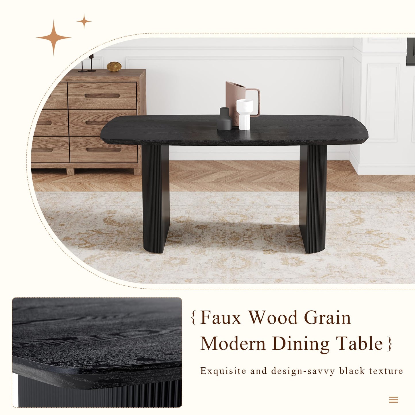 Ebullient Modern Dining Table for 6-8 People, 67'' Black Oval Kitchen and Dining Room Tables, 3.5'' Thick Wood-Patterned Tabletop with Matte Black Tablelegs, Space Saving Kitchen Table
