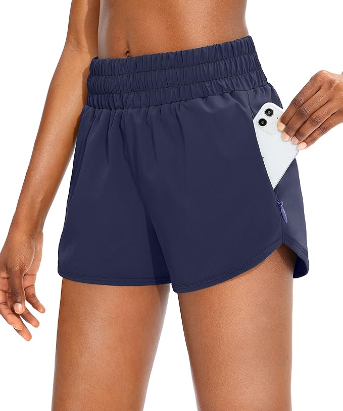 SANTINY Women's Running Shorts with Zip Pockets High Waisted Athletic Workout Gym Shorts for Women with Liner