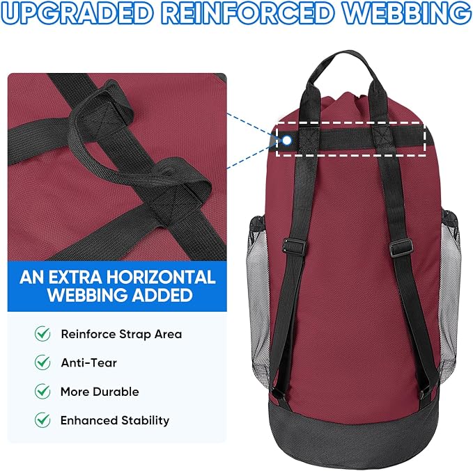 BALEINE 150L Laundry Bag Backpack, 900D Oxford Fabric Large Travel Laundry Bags with Shoulder Straps and 2 Mesh Pockets for College Dorm, Apartment, Laundromat (Red, 150L) ﻿
