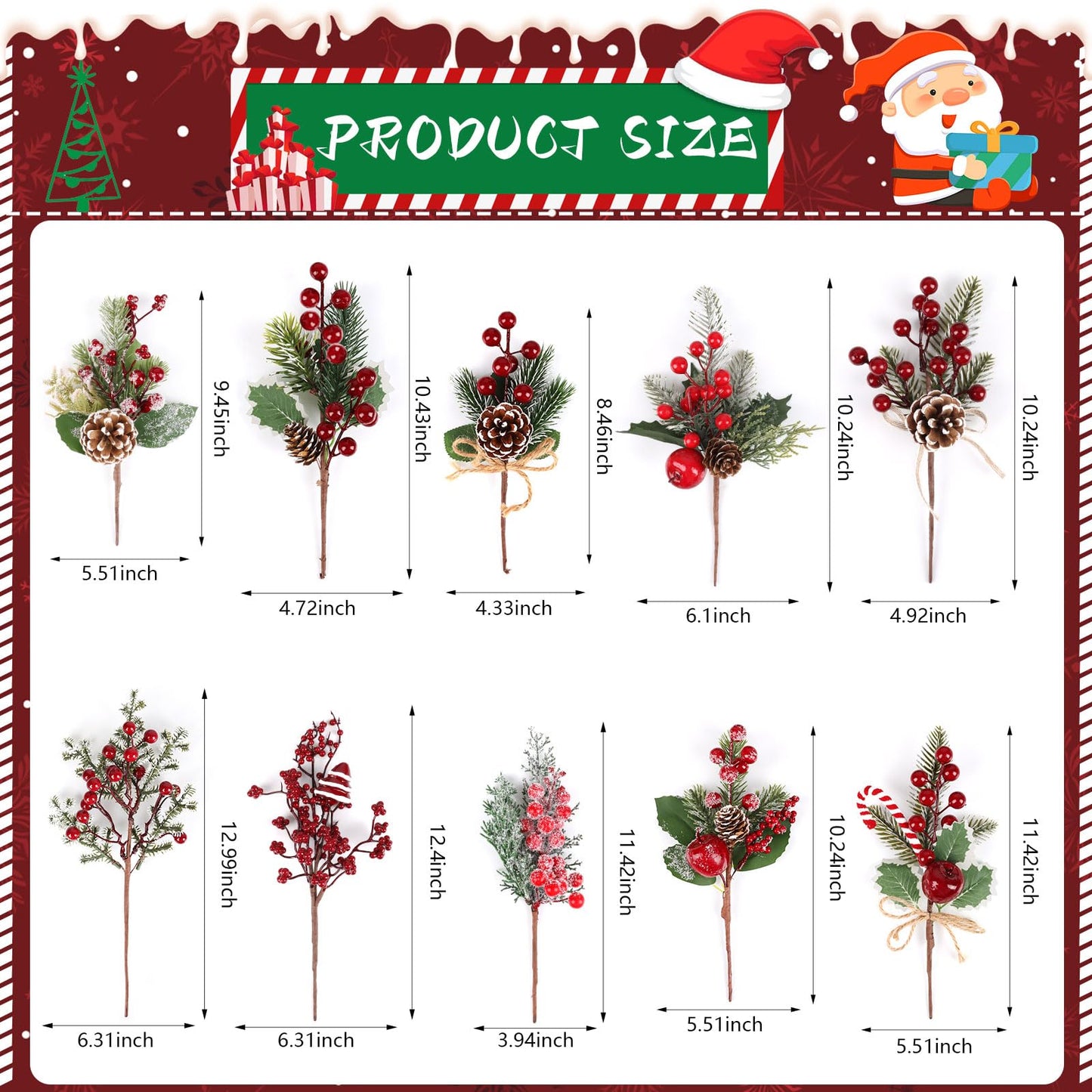 LOAVER 16 Pack Artificial Christmas Red Berry Picks Assorted Faux Pine Branches Spray with Pinecones Holly Stems for Xmas Tree Floral Arrangement Winter Wreath Gift Wrapping Decor