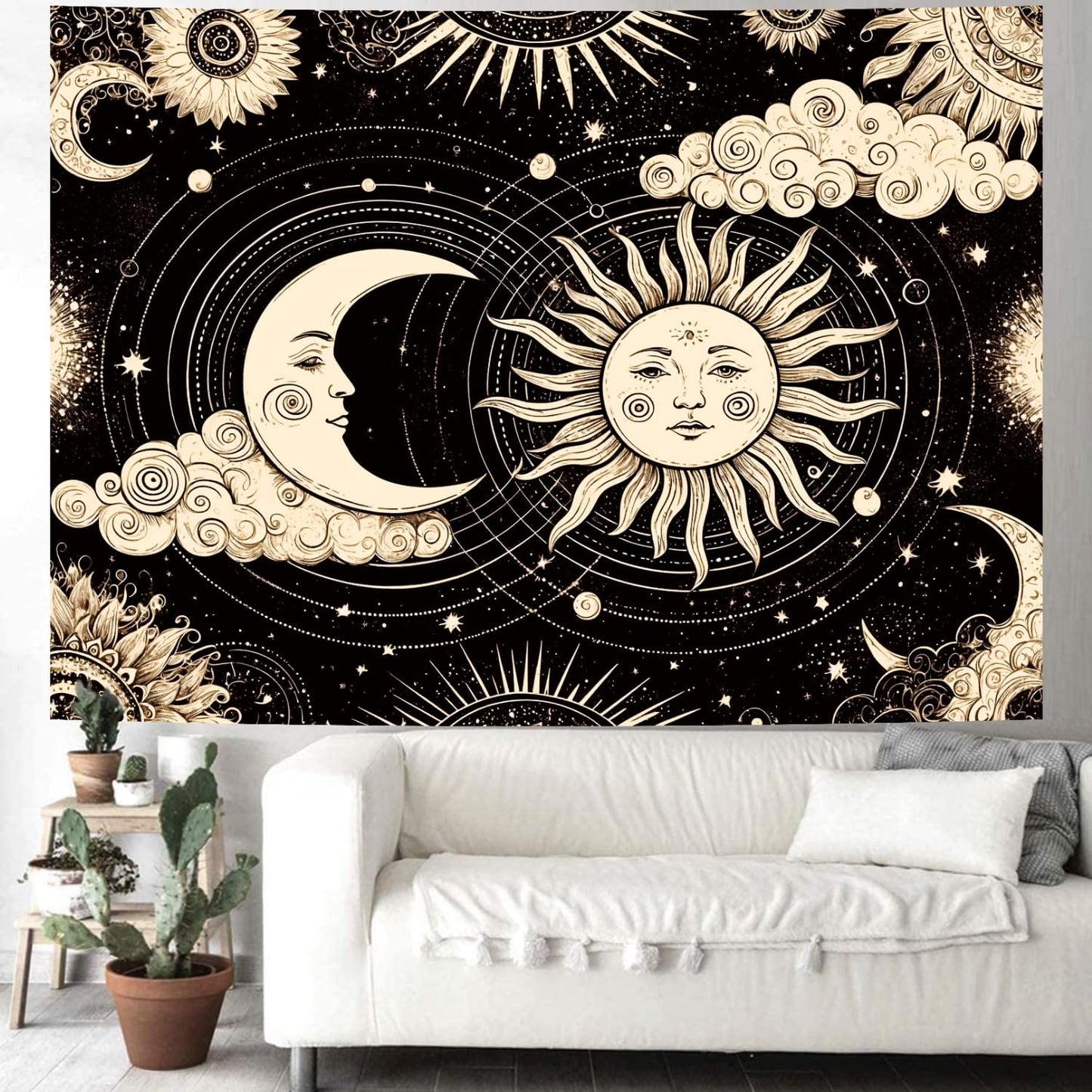 Delur Sun and Moon Tapestry Black Dark Boho Spiritual Burning Sun Tapestry Wall Hanging Mystic Aesthetic Cloud Abstract Star Psychedelic Headboard for Bedroom Living Room Home Decor (51.2" x 59.1")