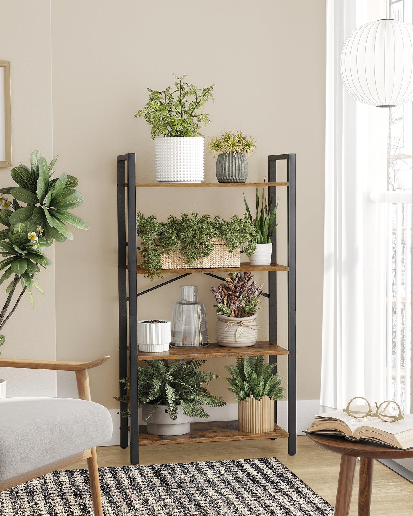 VASAGLE 4-Tier Bookshelf, Bookcase with Steel Frame, Book Shelf for Living Room, Home Office, Study, 11.8 x 26 x 47 Inches, Industrial Style, Rustic Brown and Ink Black ULLS60BX