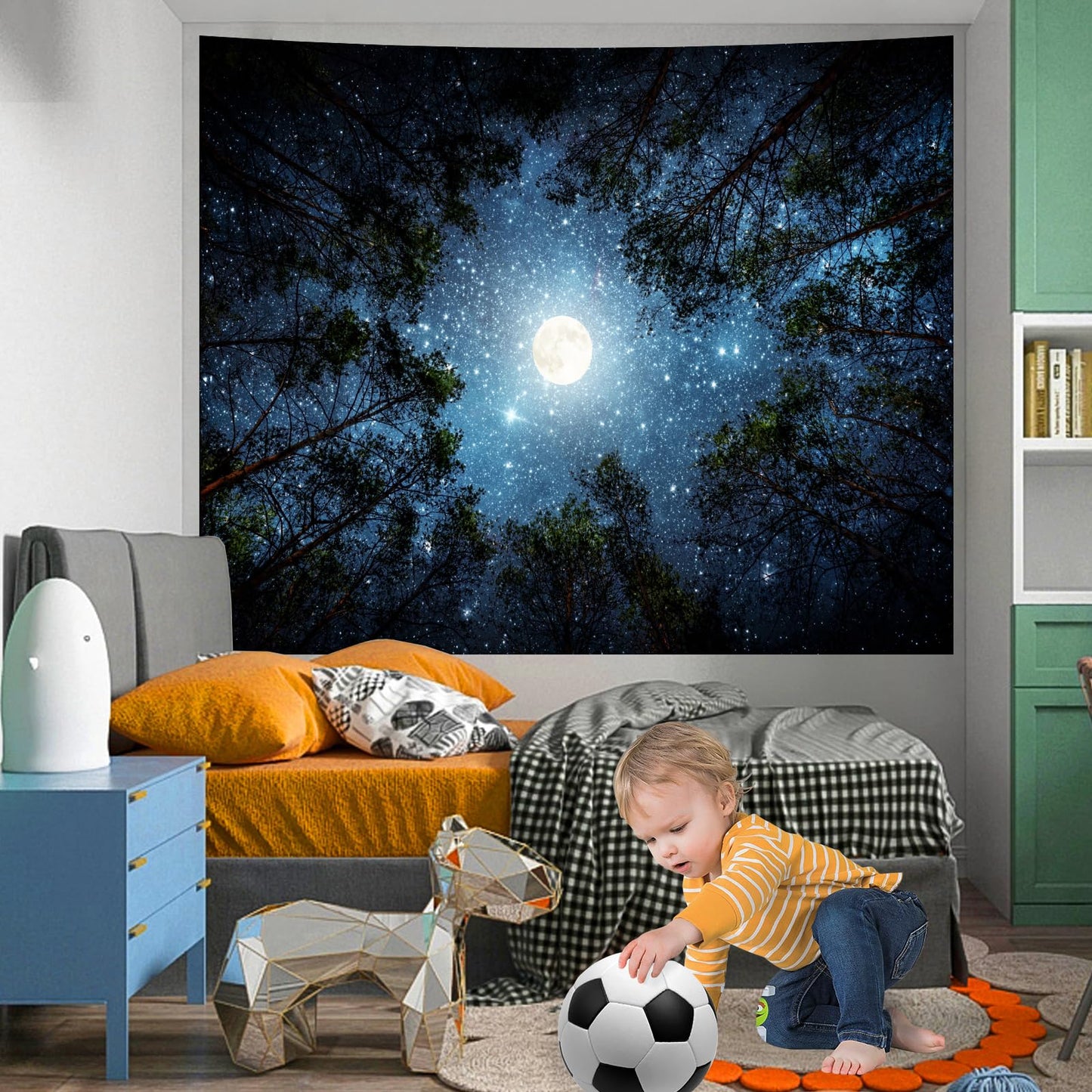 Apdidl Forest Galaxy Starry Tapestry for Bedroom Ceiling, Blue Space Night Starry Sky Moon Stars Tapestry Aesthetic, Tree Forest Milky Way Backdrop Wall Hanging for Dorm Living Room Decor (51" X 60")