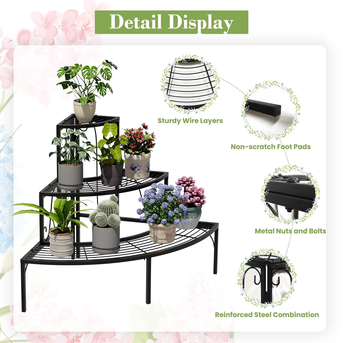 SIMHOMSTOR Plant Pot Stand Shelf, 3 Tier Flower Quarter Display Rack, Metal Succulent Plants Storage Holder for Outdoor and Indoor, Black