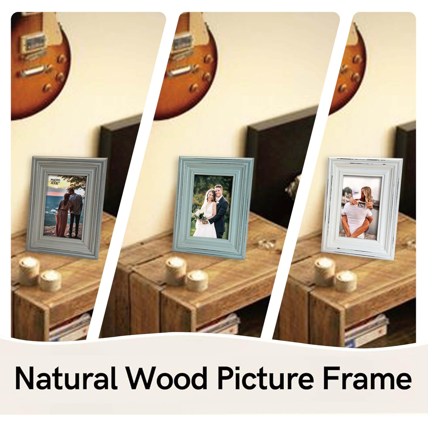 Vintage 4x6 Inches Wooden Picture Frame Pack of 3 Farmhouse Aqua Grey White - Rustic Thick Wood High Definition Glass Photo Frame Outside 6x8 Inches - 2 Ways Display Tabletop or Wall Mounted
