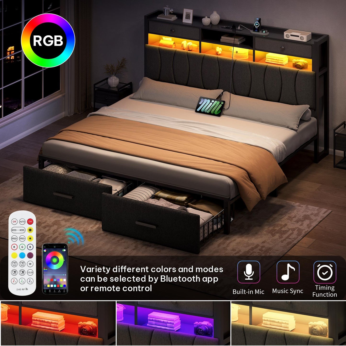 DWVO King Size with 2 Storage Drawers and Charging Station, Linen Upholstered Platform Bed with Storage Headboard and LED Light, Heavy Duty Metal Support, No Box Spring Needed, Noise Free, Grey