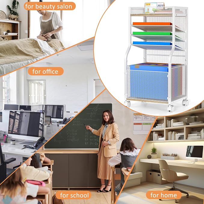 5-Tier Rolling File Cart with Lockable Wheels, Mobile Desk File Organizer Hanging File Folders Paper Letter Sliding Trays, White Wood & Mesh Hanging Folder Drawer Organization for Office, Home, School